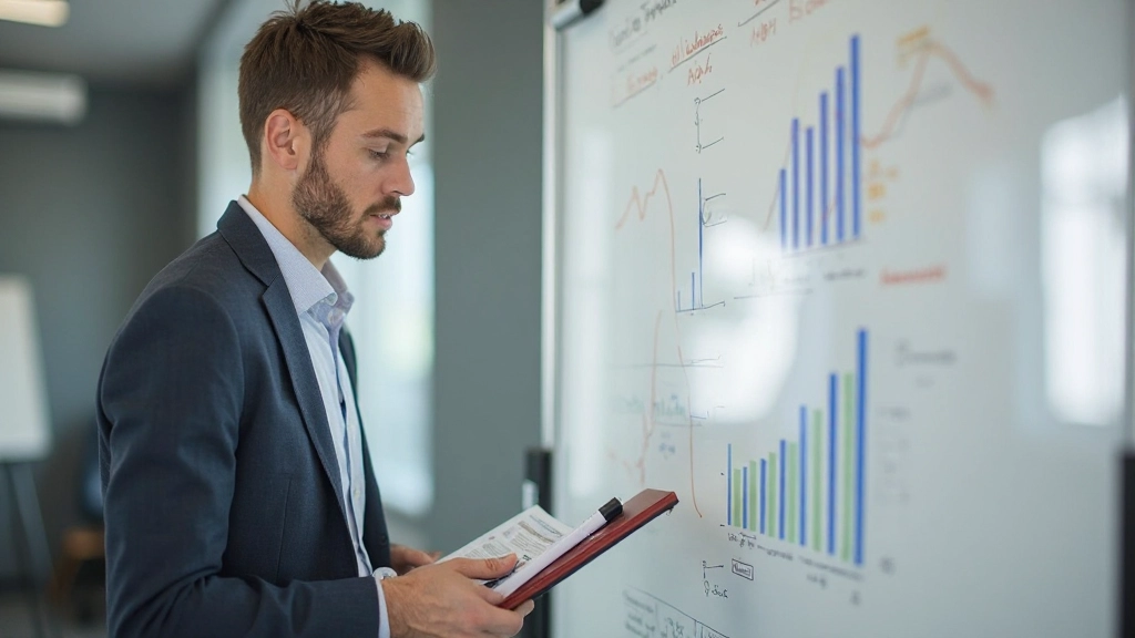 Professionell ekonomisk rådgivare presenterar sparstrategier med diagram på whiteboard