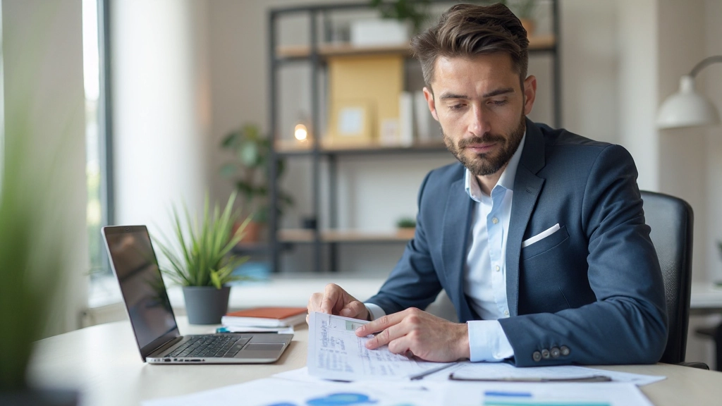 Professionell budget planerare arbetar med finansiella dokument och kalkylator vid skrivbord
