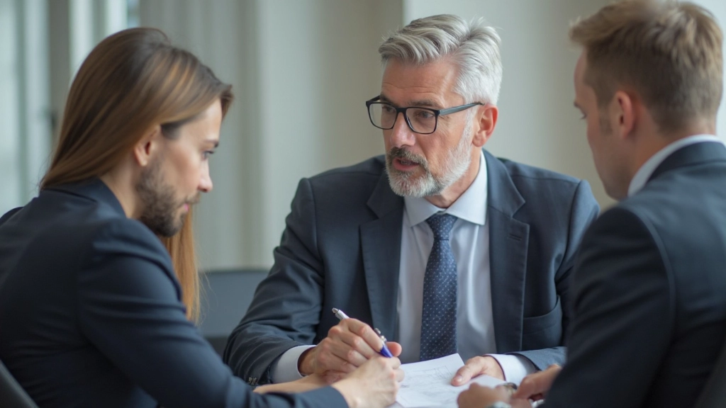 Finansiell planerare diskuterar långsiktig ekonomisk stabilitet med klient i professionell miljö