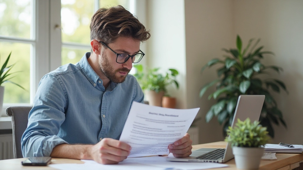 Ung hyresgäst granskar hyreskontrakt och kostnadsöversikt vid hemmakontor