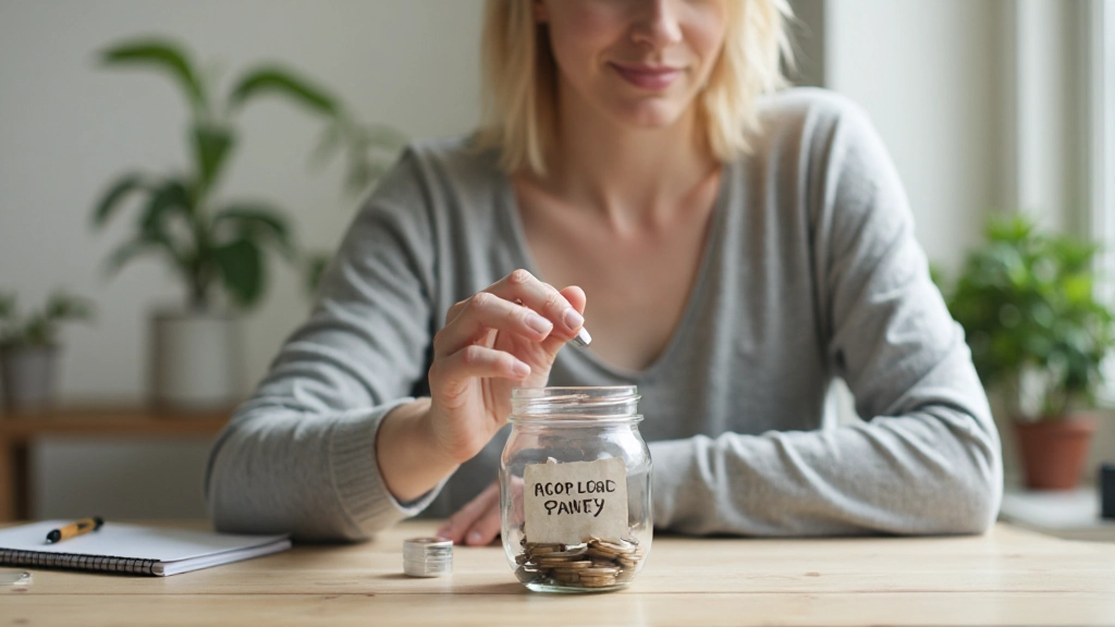 Person som sparar pengar i en glaskruka märkt 'Nödfond' med en spargris bredvid