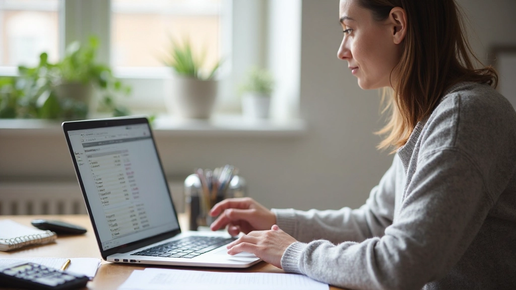 Hyresgäst som granskar månatliga utgifter vid skrivbord med budget-arbetsblad och räknare