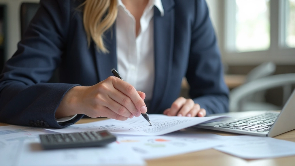 Professionell budget planerare arbetar med finansiella dokument och kalkylator vid skrivbord